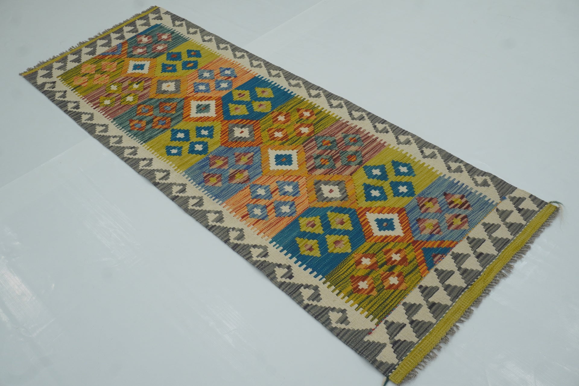 2x6 Green Afghan Handmade Wool Kilim Runner Rug