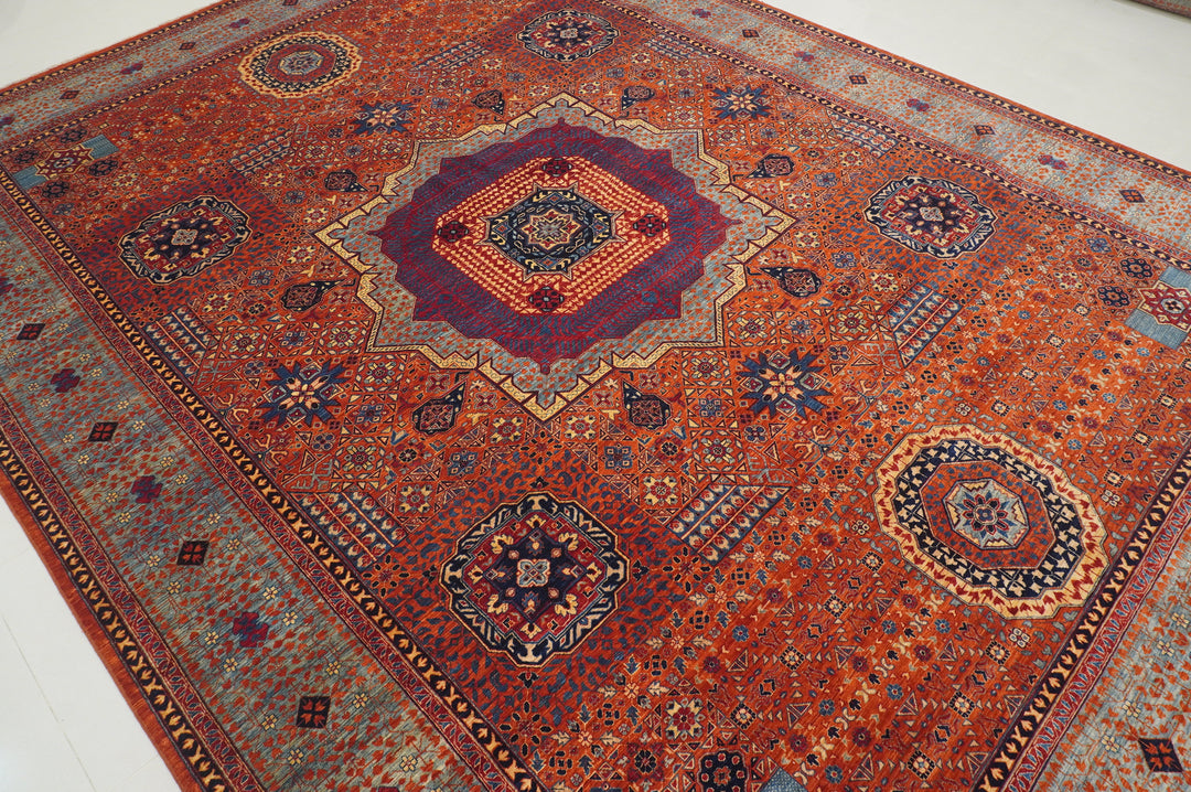 10x14 Orange Mamluk Turkish Hand knotted Geometric Medallion Rug