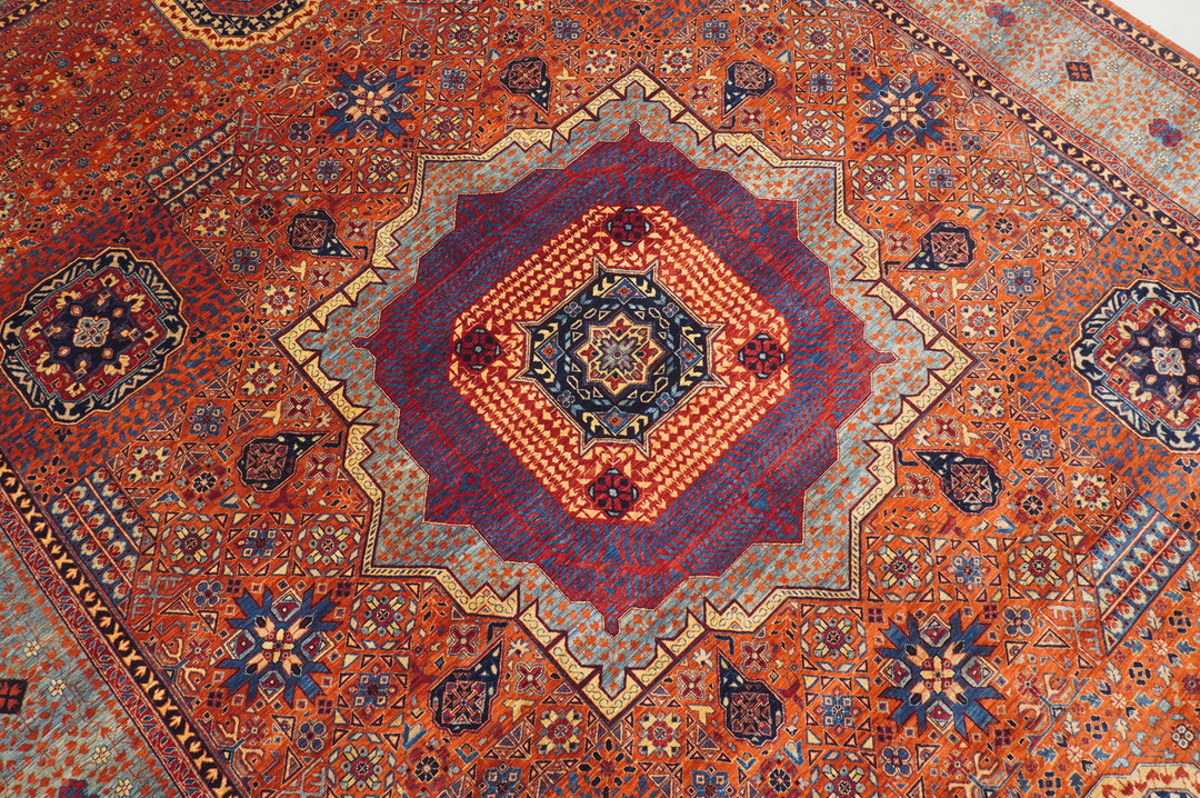 10x14 Orange Mamluk Turkish Hand knotted Geometric Medallion Rug