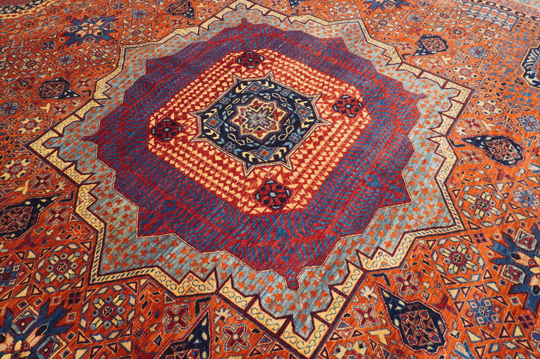 10x14 Orange Mamluk Turkish Hand knotted Geometric Medallion Rug