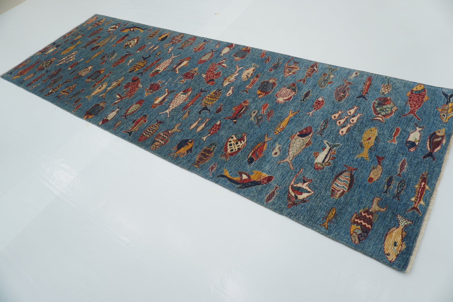 3'11"x11'6" Blue Fish Gabbeh Hand Knotted Afghan Runner Rug