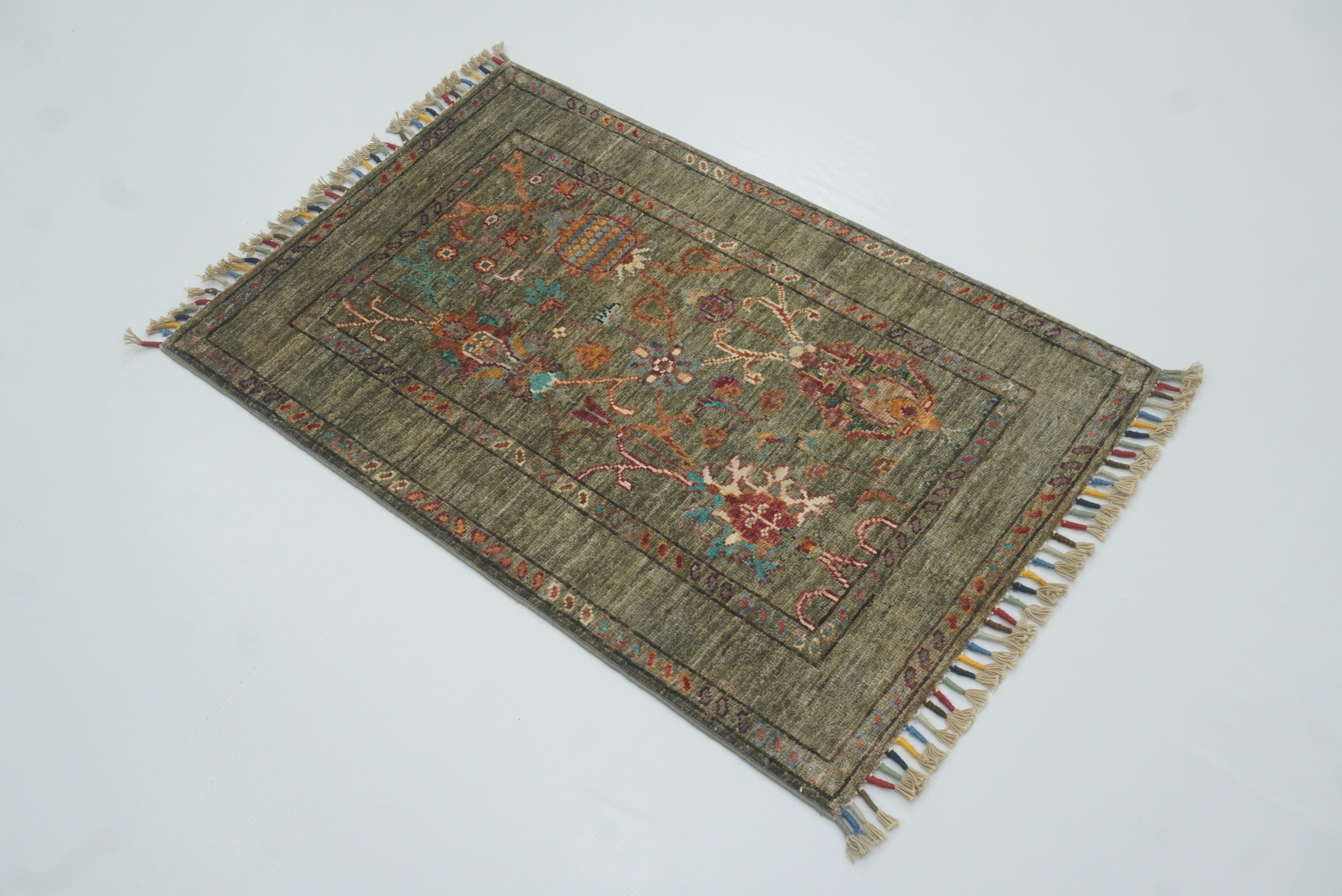2x3 Green Afghan Waziri Floral Hand Knotted Rug - Yildiz Rugs