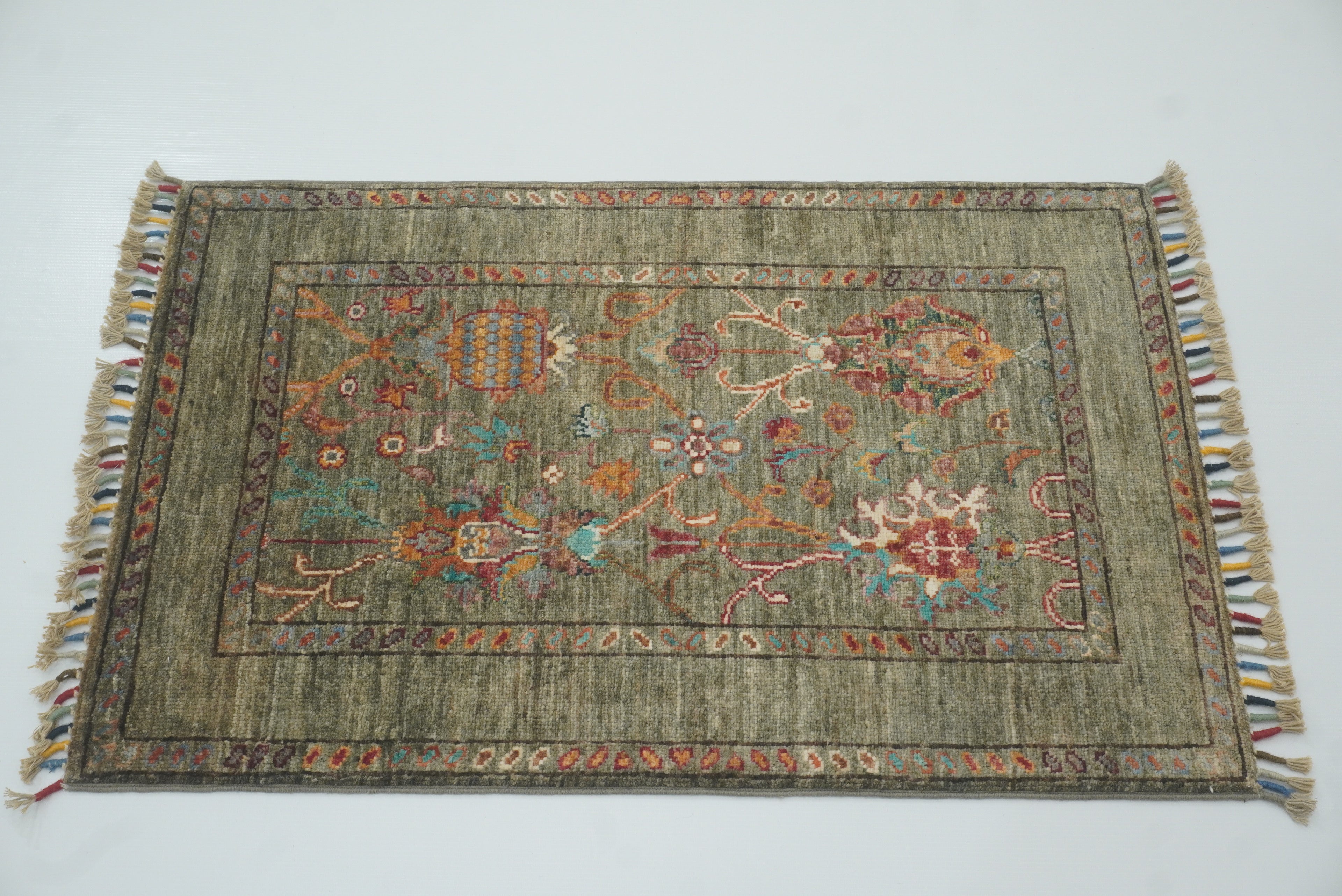 2x3 Green Afghan Waziri Floral Hand Knotted Rug - Yildiz Rugs