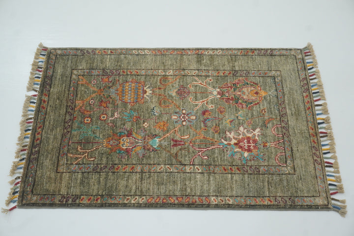 2x3 Green Afghan Waziri Floral Hand Knotted Rug - Yildiz Rugs