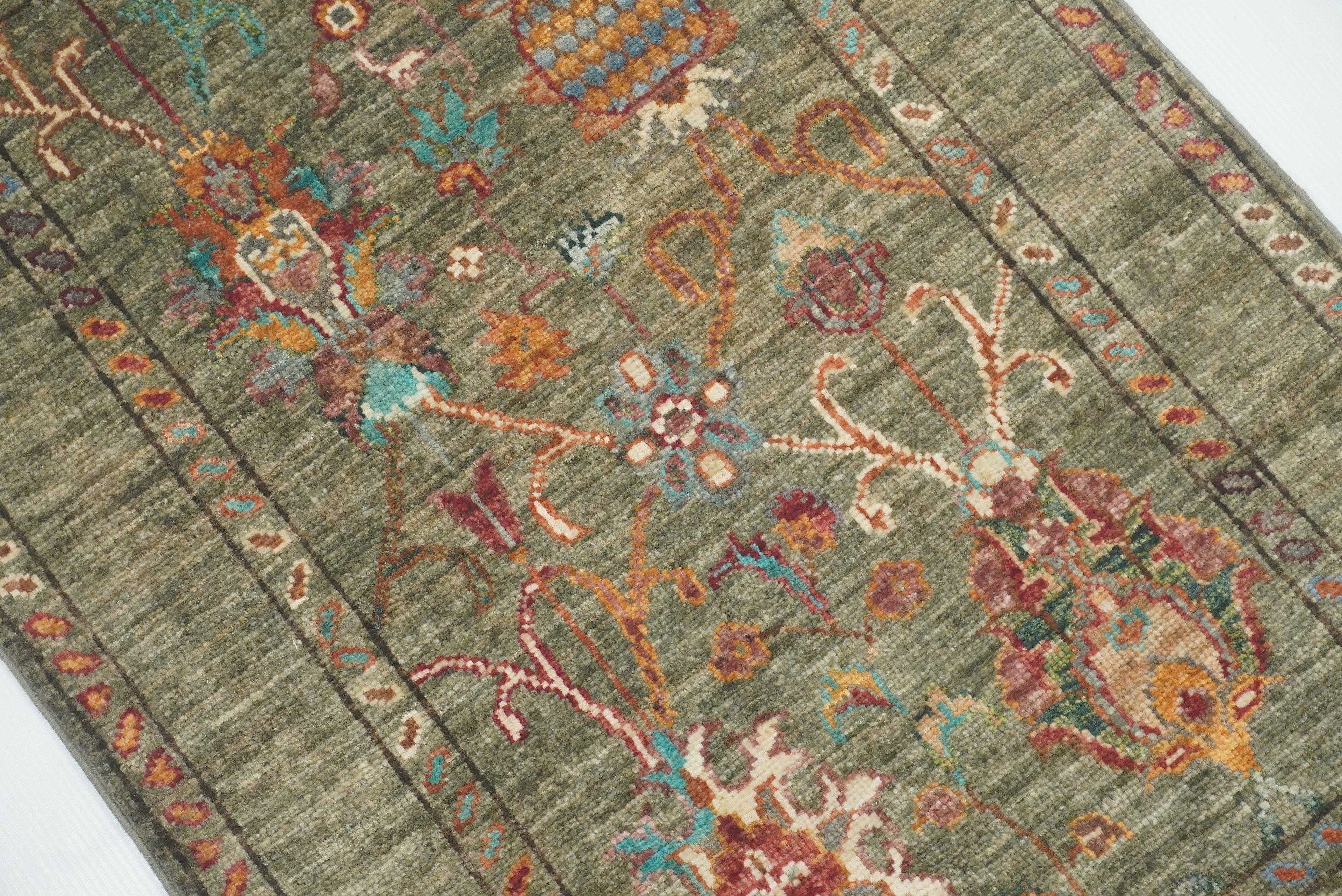 2x3 Green Afghan Waziri Floral Hand Knotted Rug - Yildiz Rugs