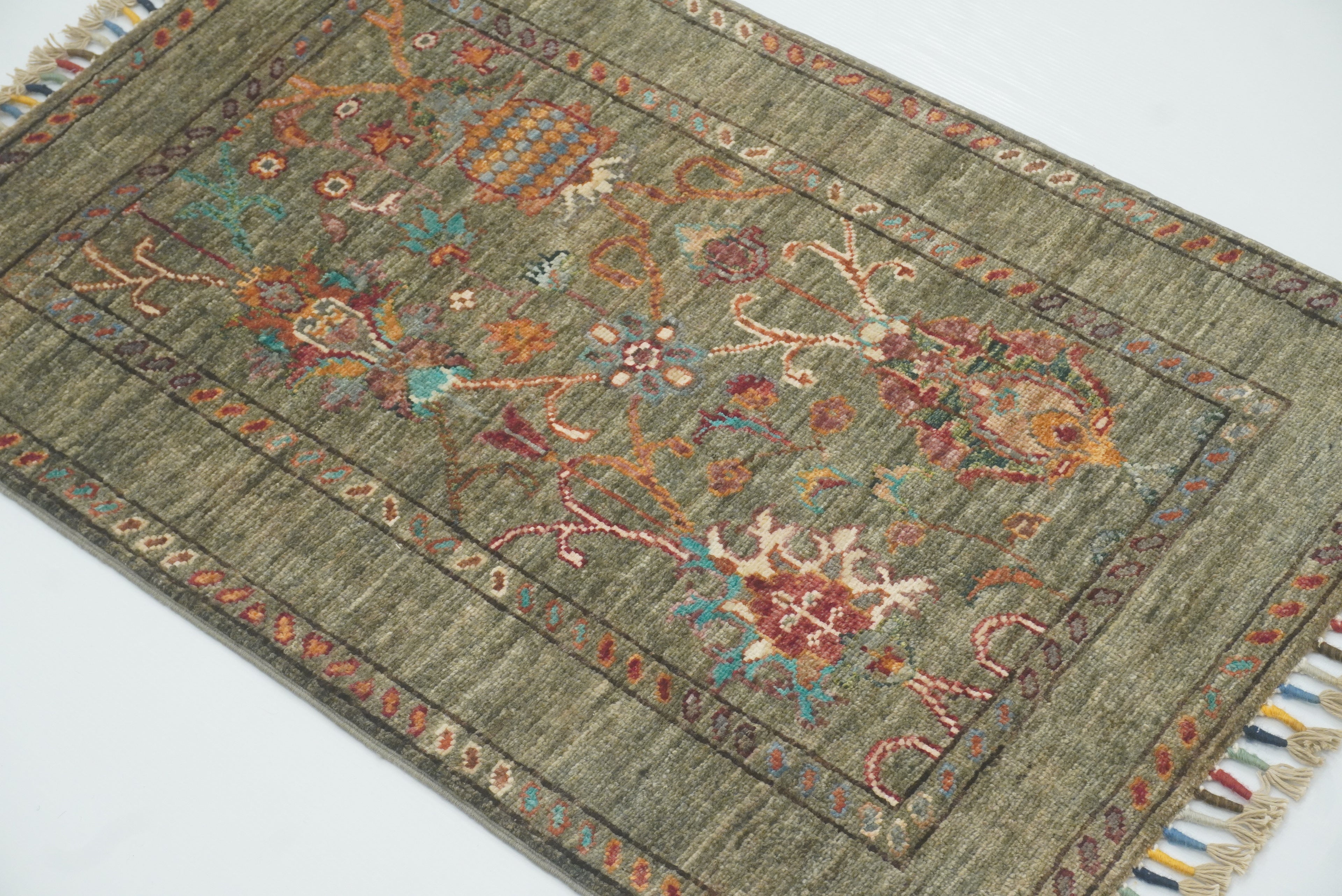 2x3 Green Afghan Waziri Floral Hand Knotted Rug - Yildiz Rugs