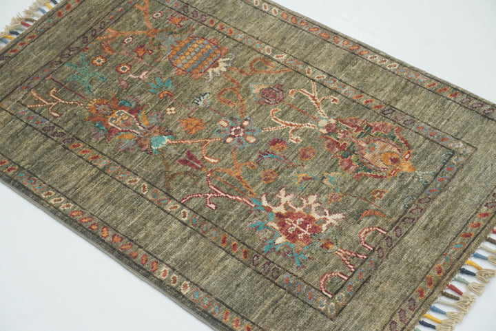 2x3 Green Afghan Waziri Floral Hand Knotted Rug - Yildiz Rugs
