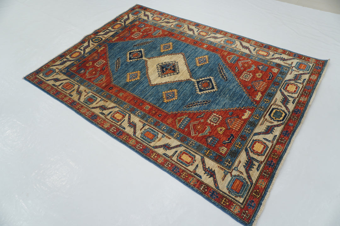 5 x 7 Blue Red Beige Serapi Afghan Hand knotted Oriental Rug - Yildiz Rugs