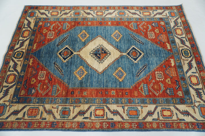 5 x 7 Blue Red Beige Serapi Afghan Hand knotted Oriental Rug - Yildiz Rugs