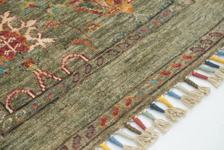 2x3 Green Afghan Waziri Floral Hand Knotted Rug - Yildiz Rugs