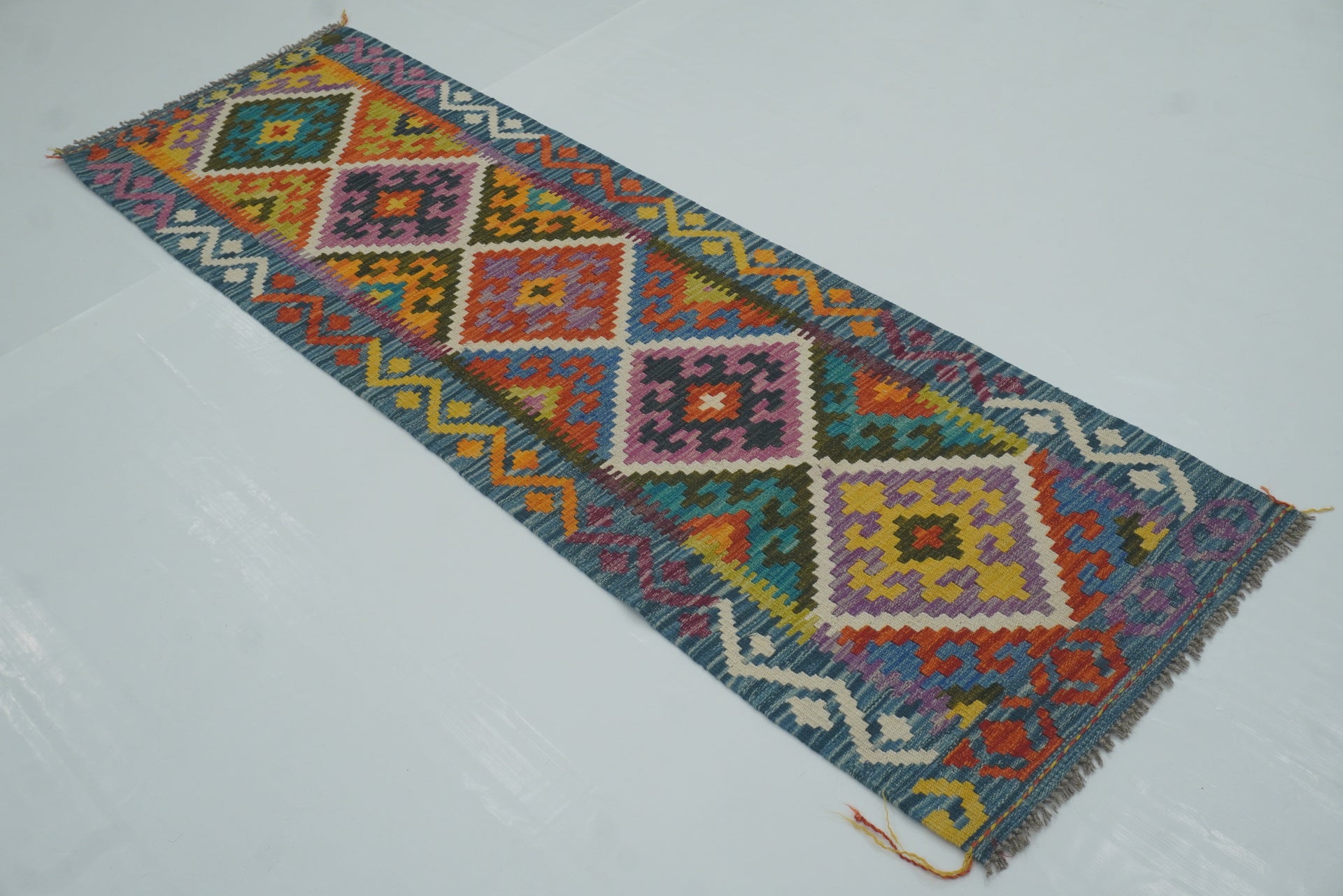 2x7 Blue Afghan Handmade Wool Kilim Runner Rug