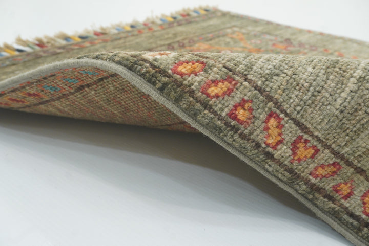 2x3 Green Afghan Waziri Floral Hand Knotted Rug - Yildiz Rugs