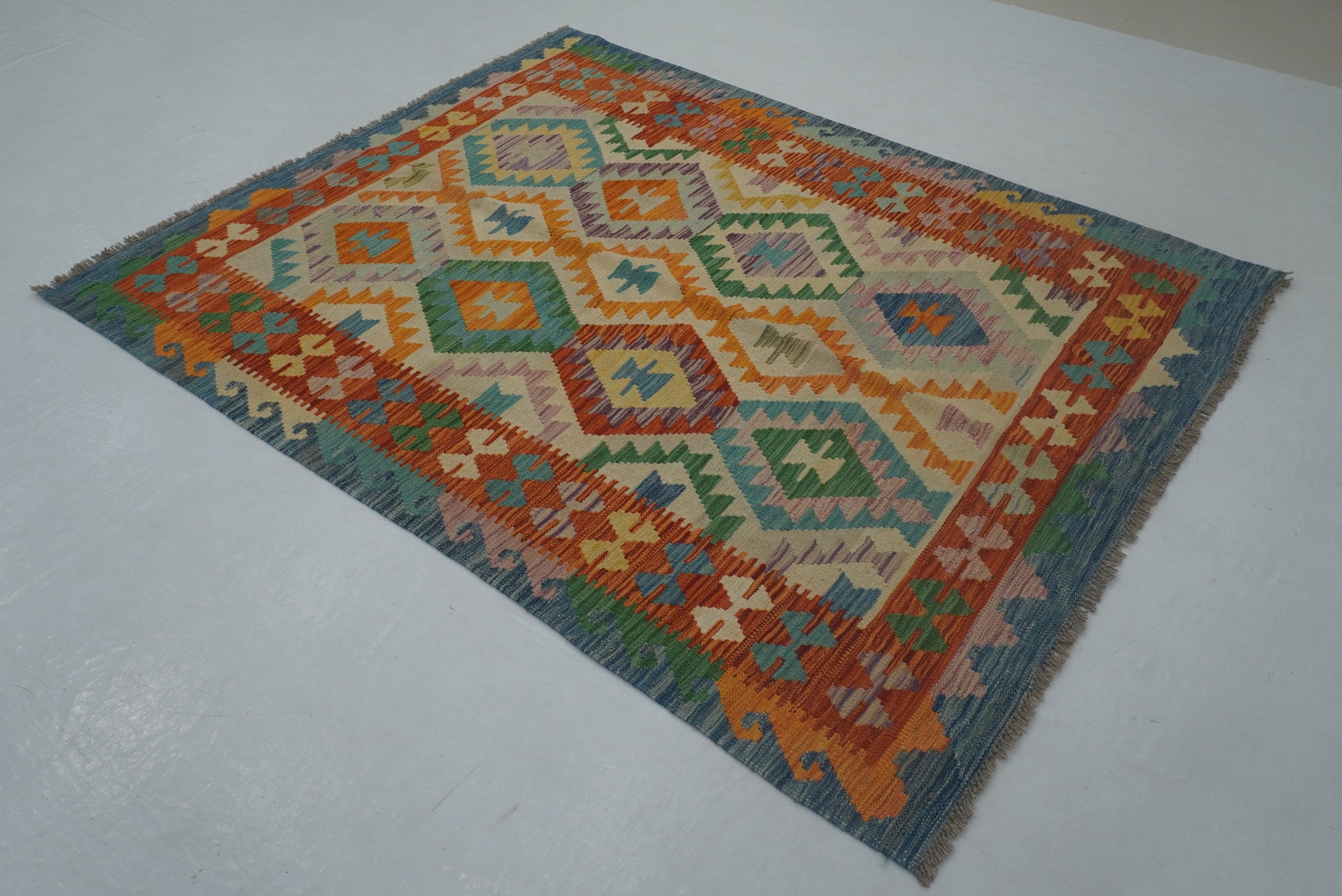5x7 Beige Blue Afghan Handmade Geometric Reversible Kilim Rug