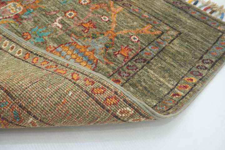 2x3 Green Afghan Waziri Floral Hand Knotted Rug - Yildiz Rugs