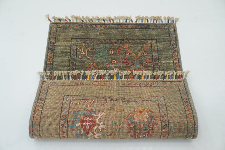 2x3 Green Afghan Waziri Floral Hand Knotted Rug - Yildiz Rugs