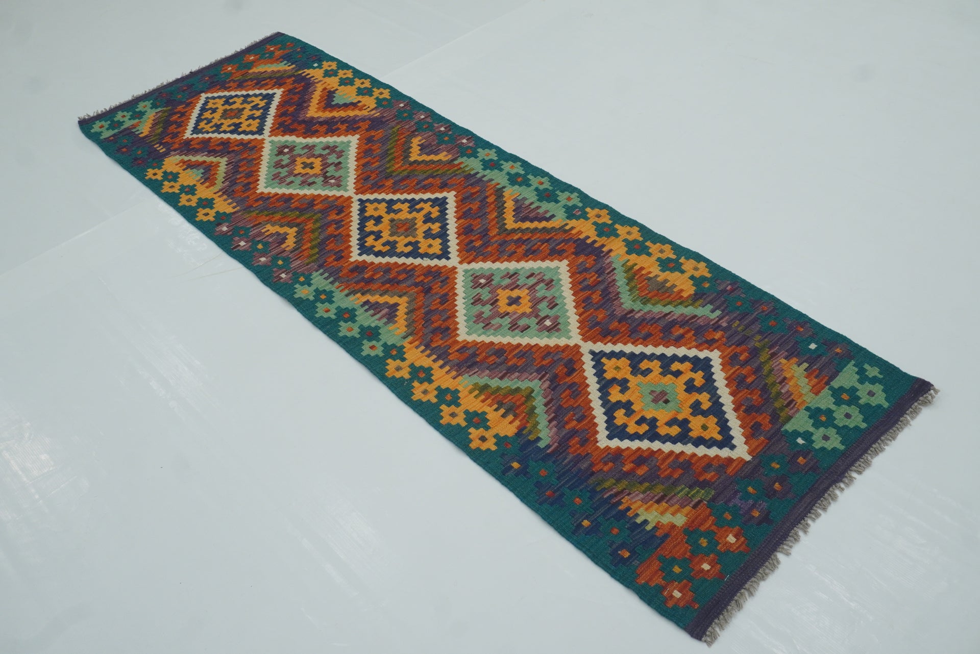 2x7 Red Blue Afghan Handmade Wool Kilim Runner Rug