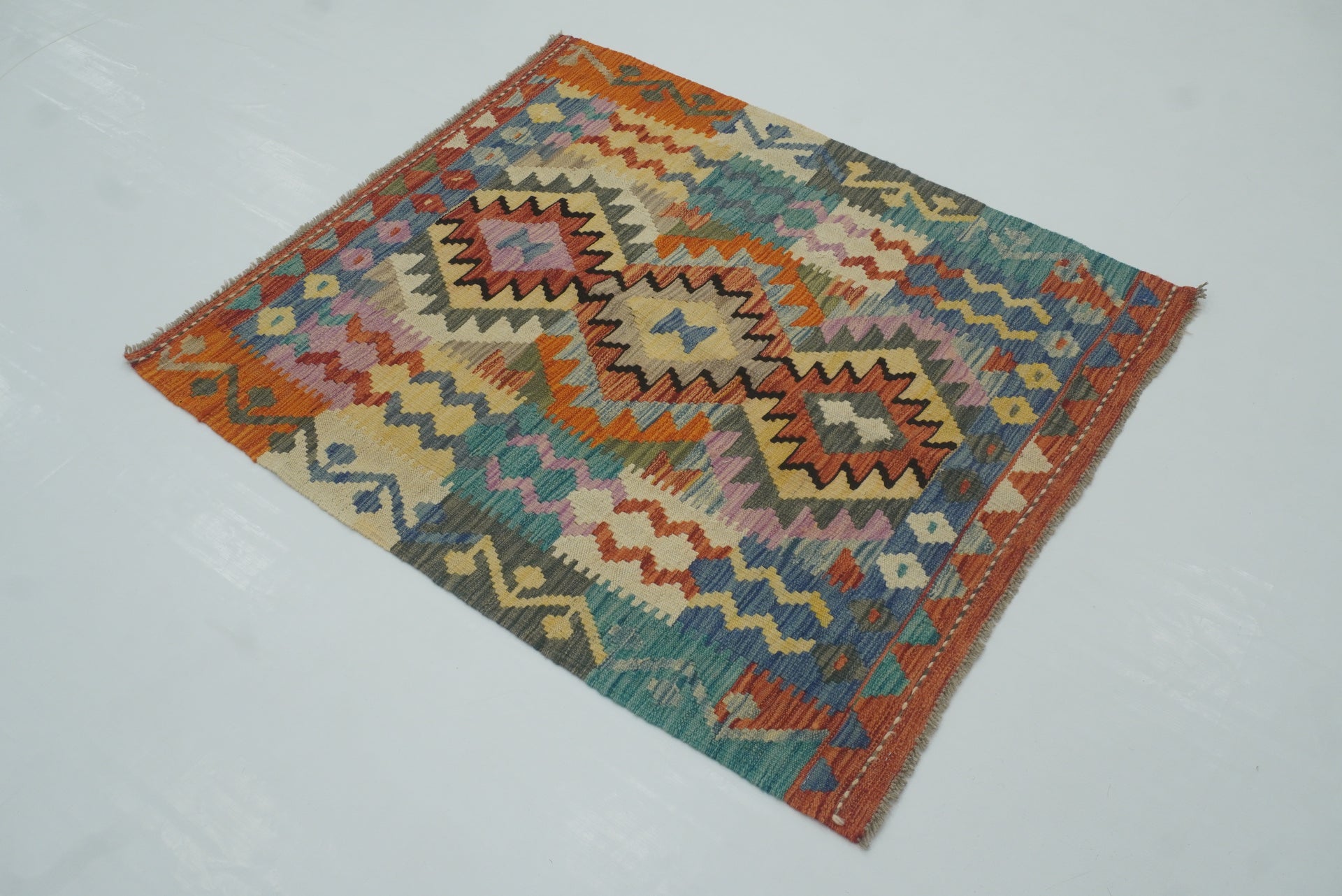 3x3 Red Afghan Handmade Wool Square Kilim Rug