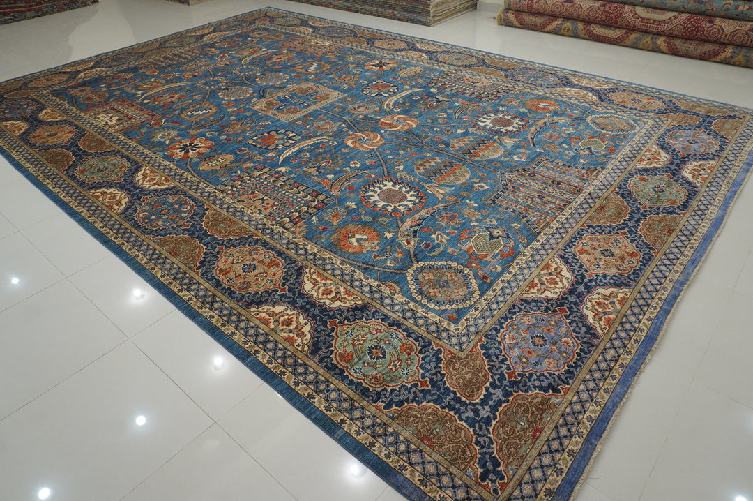 12x18 Blue Mughal Afghan Hand knotted Oversize Oriental Rug