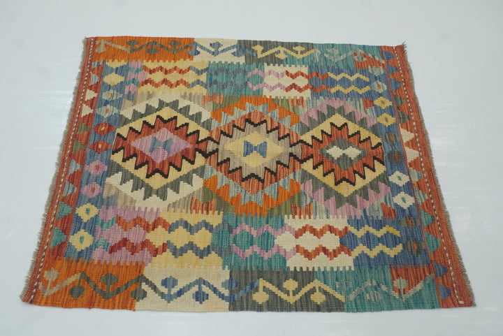 3x3 Red Afghan Handmade Wool Square Kilim Rug - Yildiz Rugs