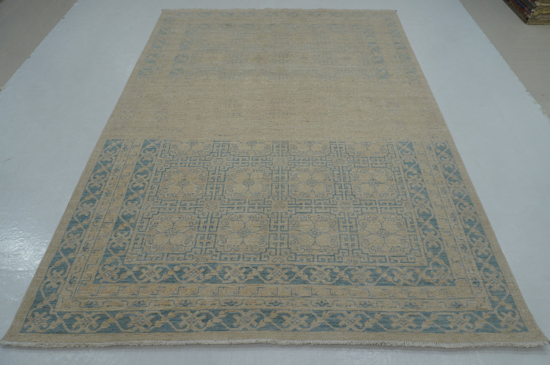 6x9 Beige Blue Khotan Muted Vintage Afghan Hand knotted Geometric Rug - Yildiz Rugs