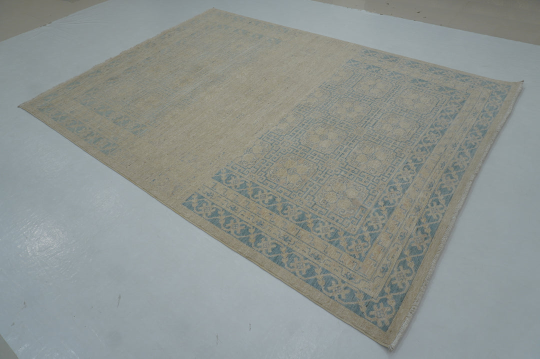 6x9 Beige Blue Khotan Muted Vintage Afghan Hand knotted Geometric Rug - Yildiz Rugs