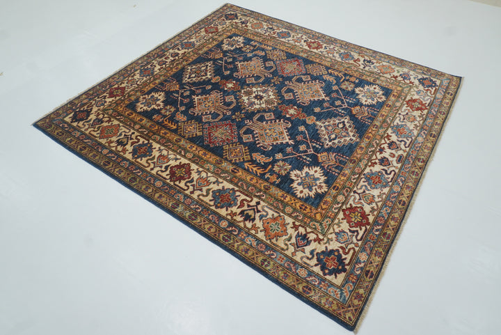6x6 Blue Kazak Afghan Hand-Knotted Wool Square Rug - Yildiz Rugs