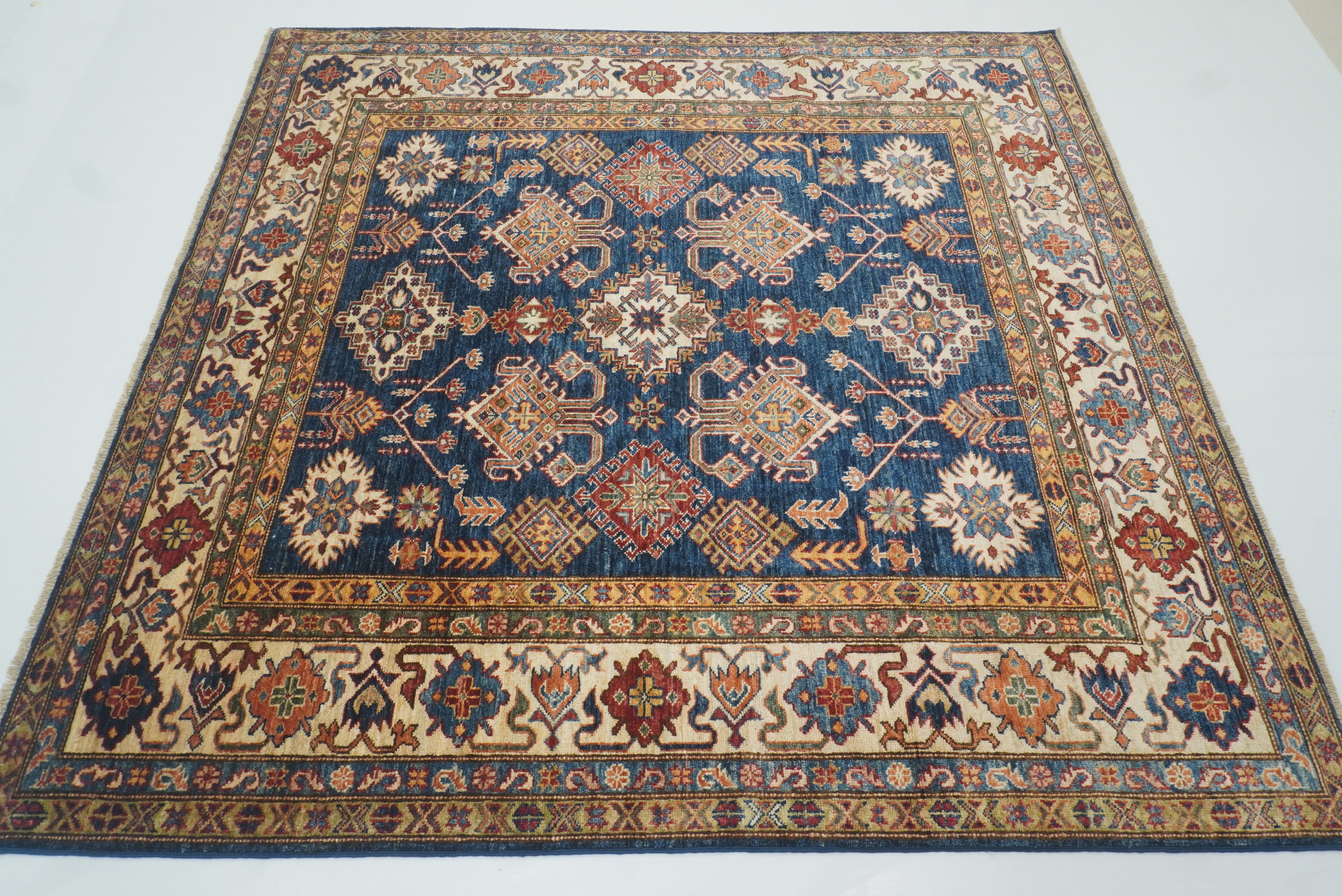 6x6 Blue Kazak Afghan Hand-Knotted Wool Square Rug - Yildiz Rugs