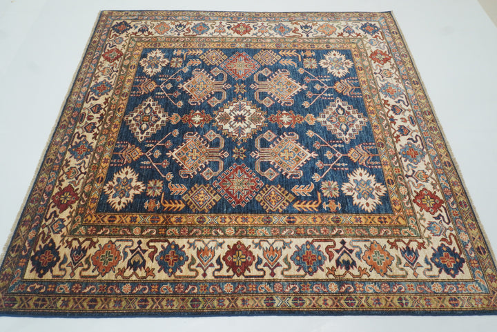 6x6 Blue Kazak Afghan Hand-Knotted Wool Square Rug - Yildiz Rugs