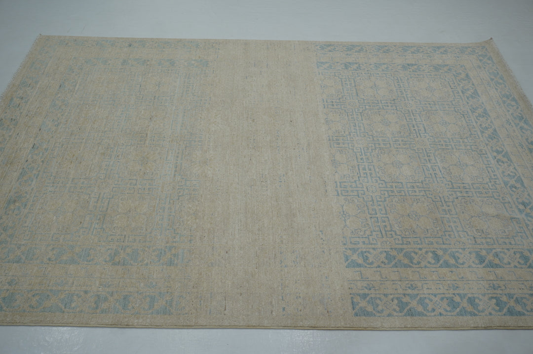 6x9 Beige Blue Khotan Muted Vintage Afghan Hand knotted Geometric Rug - Yildiz Rugs