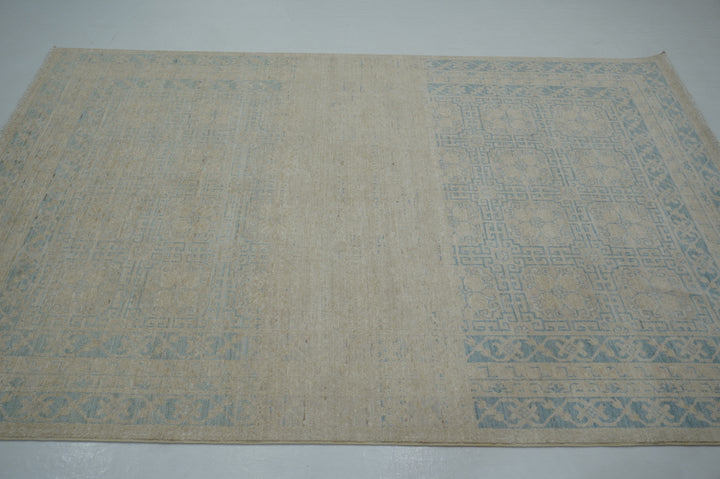 6x9 Beige Blue Khotan Muted Vintage Afghan Hand knotted Geometric Rug - Yildiz Rugs