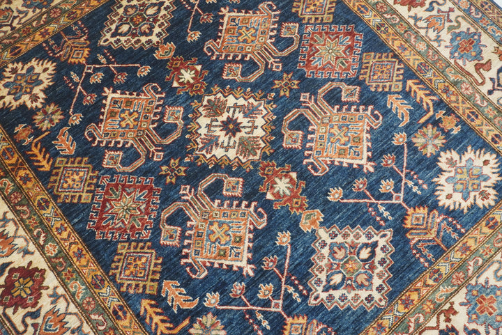6x6 Blue Kazak Afghan Hand-Knotted Wool Square Rug - Yildiz Rugs