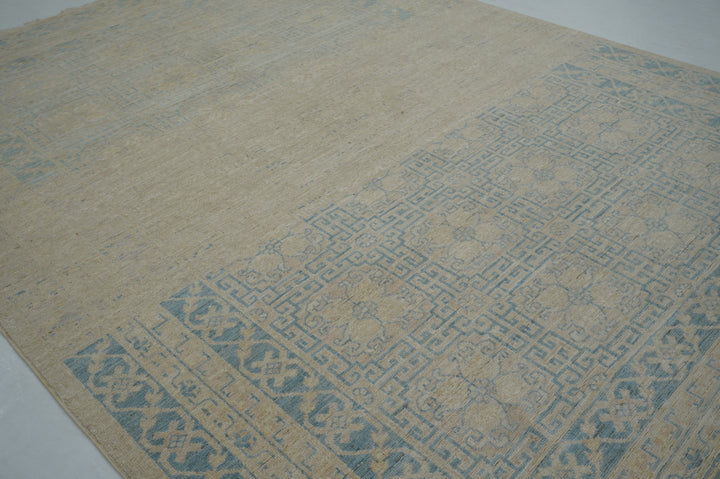 6x9 Beige Blue Khotan Muted Vintage Afghan Hand knotted Geometric Rug - Yildiz Rugs