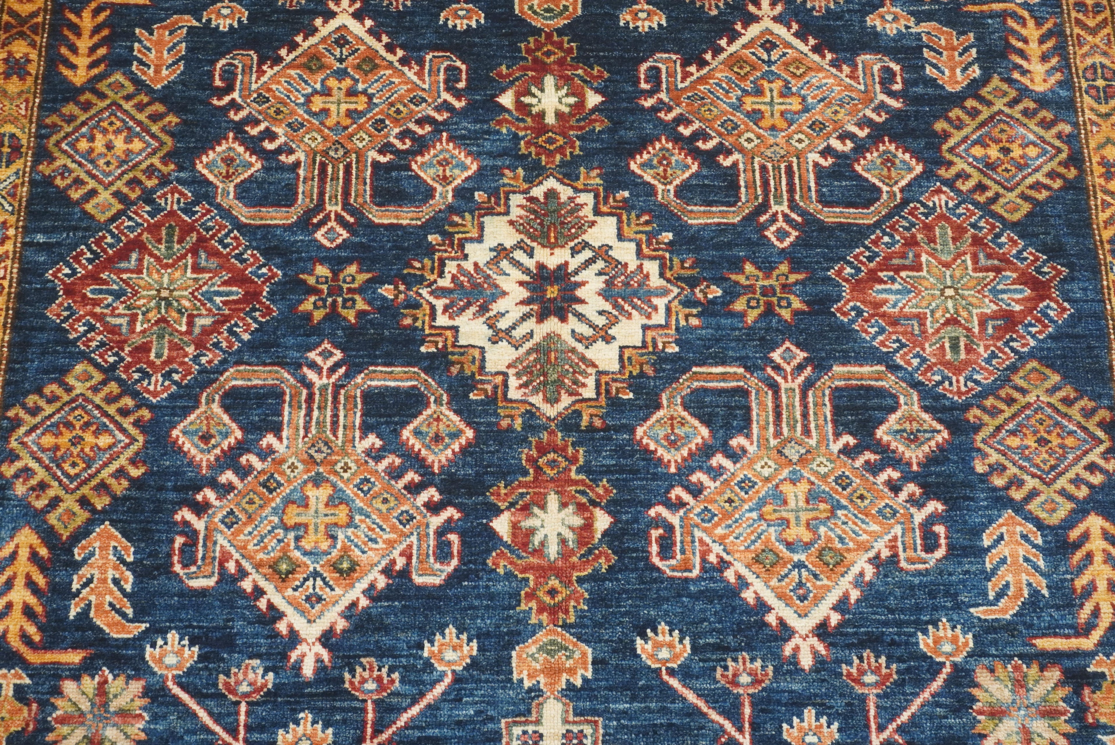 6x6 Blue Kazak Afghan Hand-Knotted Wool Square Rug - Yildiz Rugs
