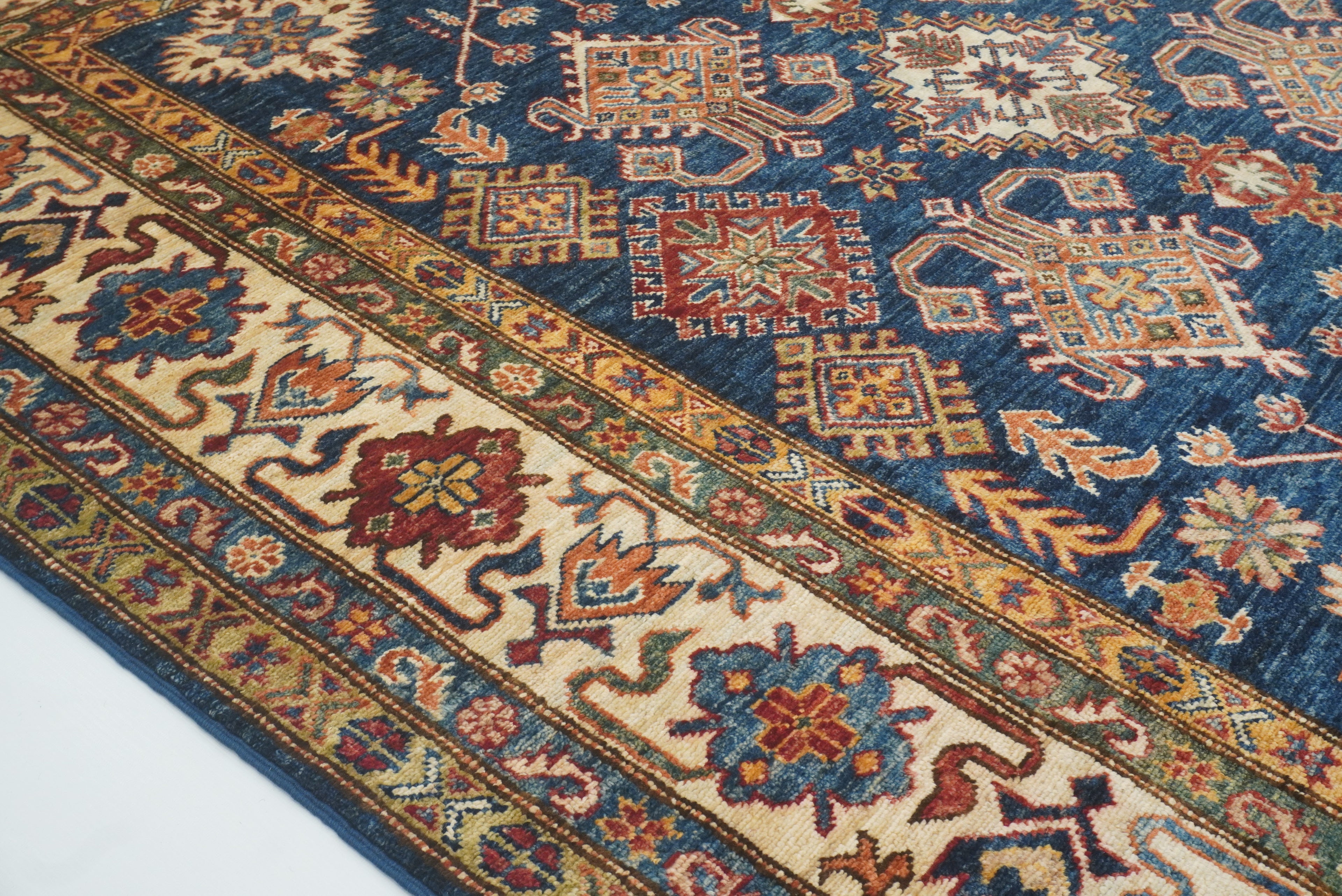 6x6 Blue Kazak Afghan Hand-Knotted Wool Square Rug - Yildiz Rugs