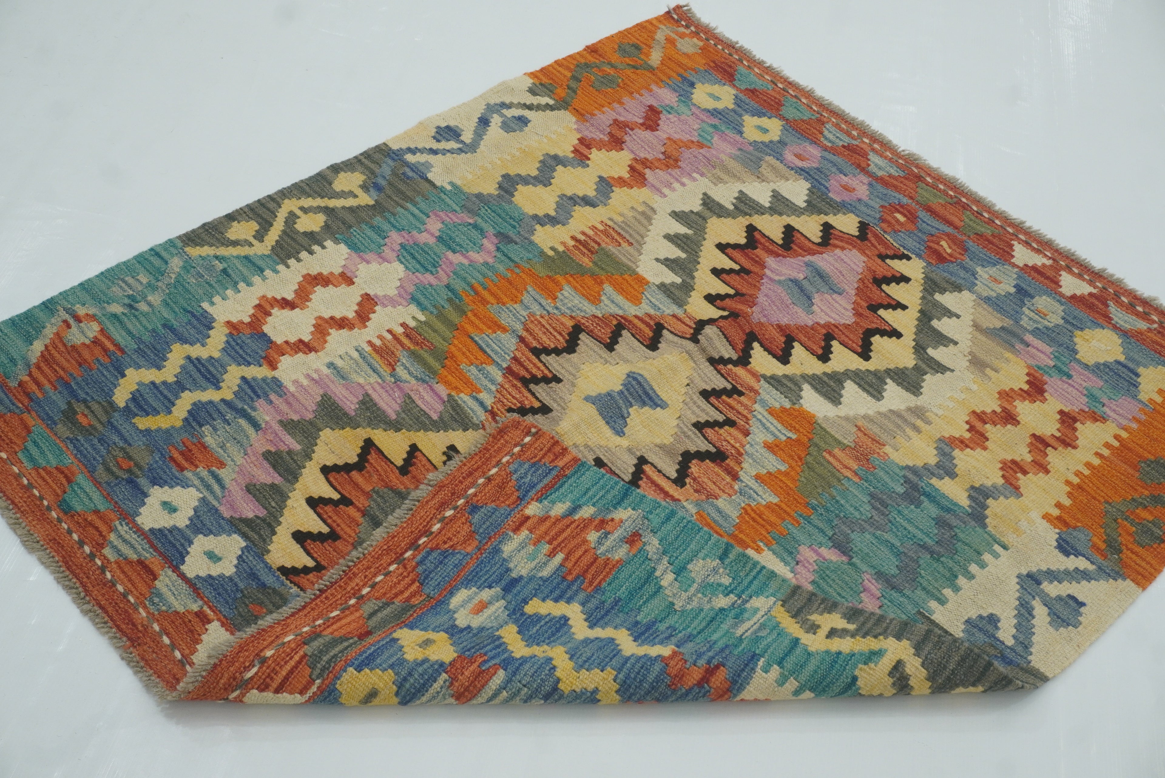 3x3 Red Afghan Handmade Wool Square Kilim Rug - Yildiz Rugs