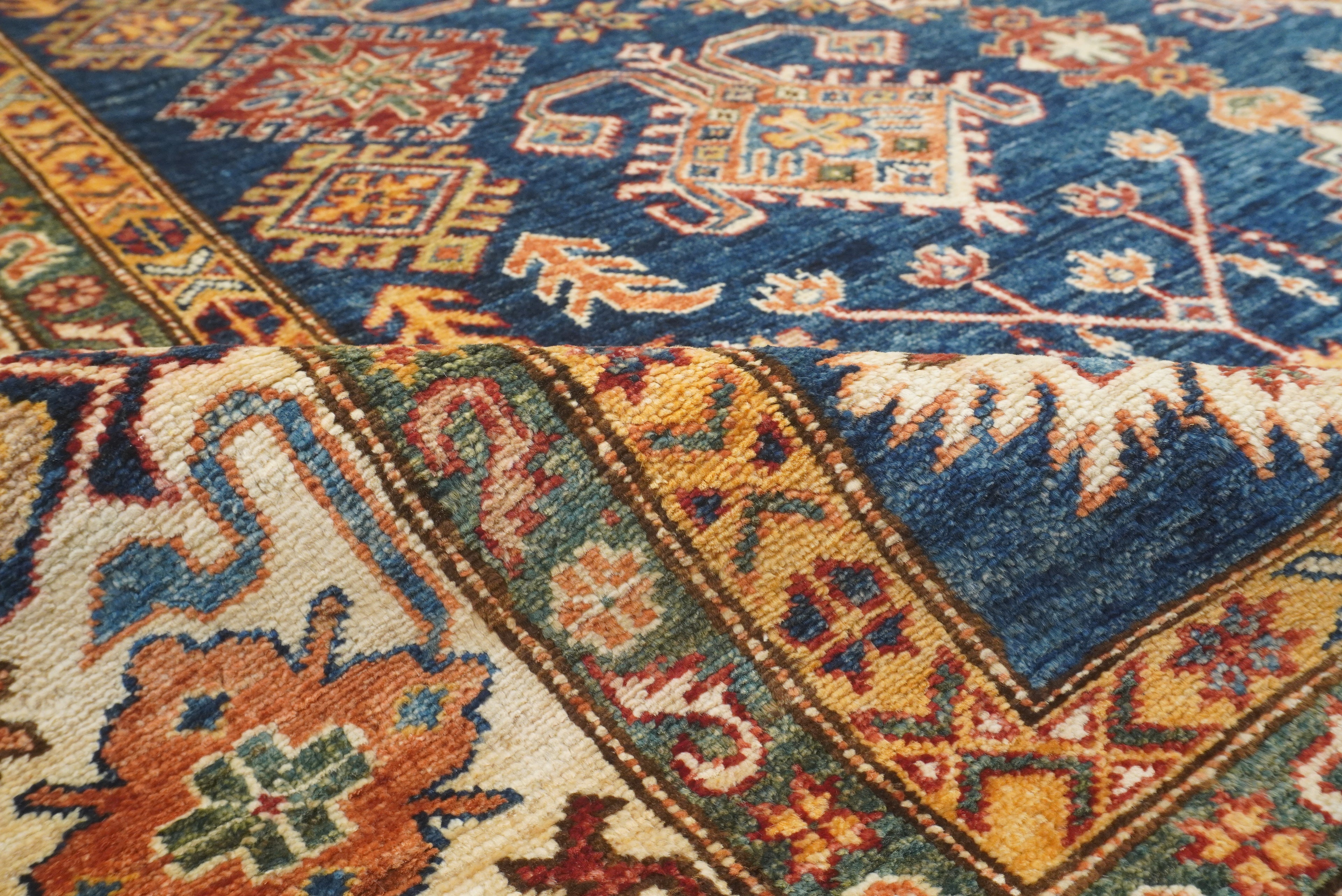 6x6 Blue Kazak Afghan Hand-Knotted Wool Square Rug - Yildiz Rugs
