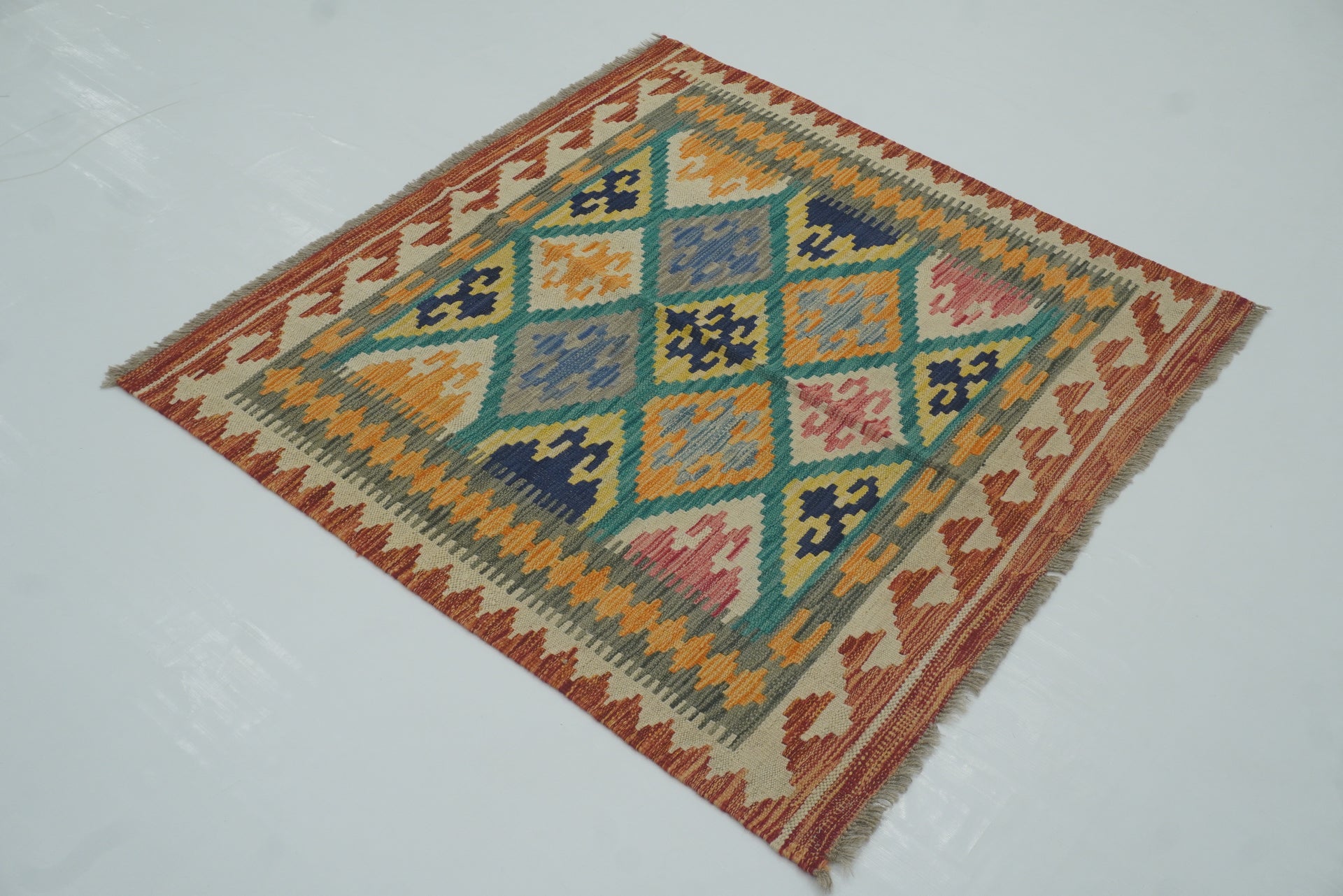 3x3 Blue Afghan Handmade Wool Square Kilim Rug