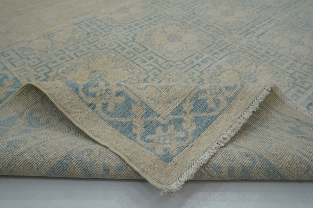 6x9 Beige Blue Khotan Muted Vintage Afghan Hand knotted Geometric Rug - Yildiz Rugs