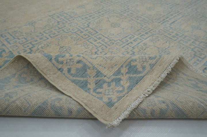 6x9 Beige Blue Khotan Muted Vintage Afghan Hand knotted Geometric Rug - Yildiz Rugs