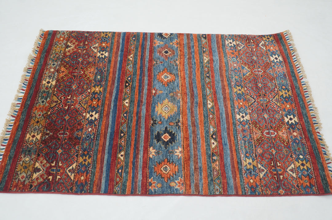 3x5 Red Blue Tribal Stripe Afghan Hand Knotted Rug