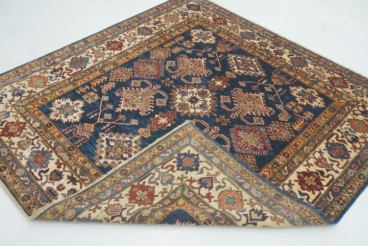 6x6 Blue Kazak Afghan Hand-Knotted Wool Square Rug - Yildiz Rugs