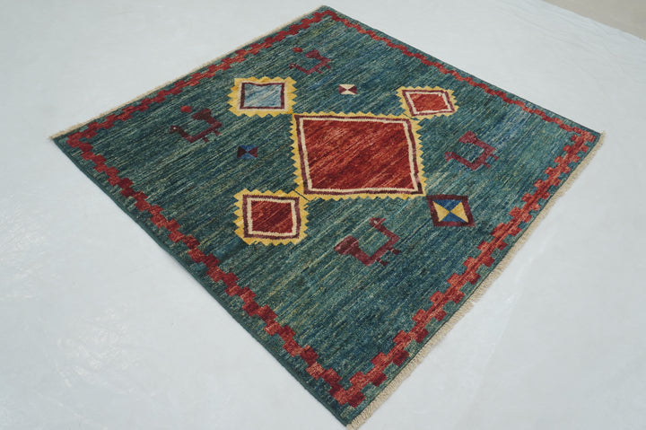 5x5 Teal Green Gabbeh Afghan Hand knotted Square Rug