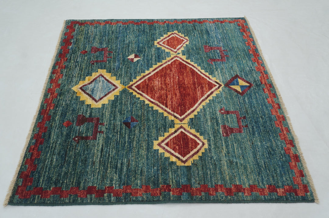 5x5 Teal Green Gabbeh Afghan Hand knotted Square Rug