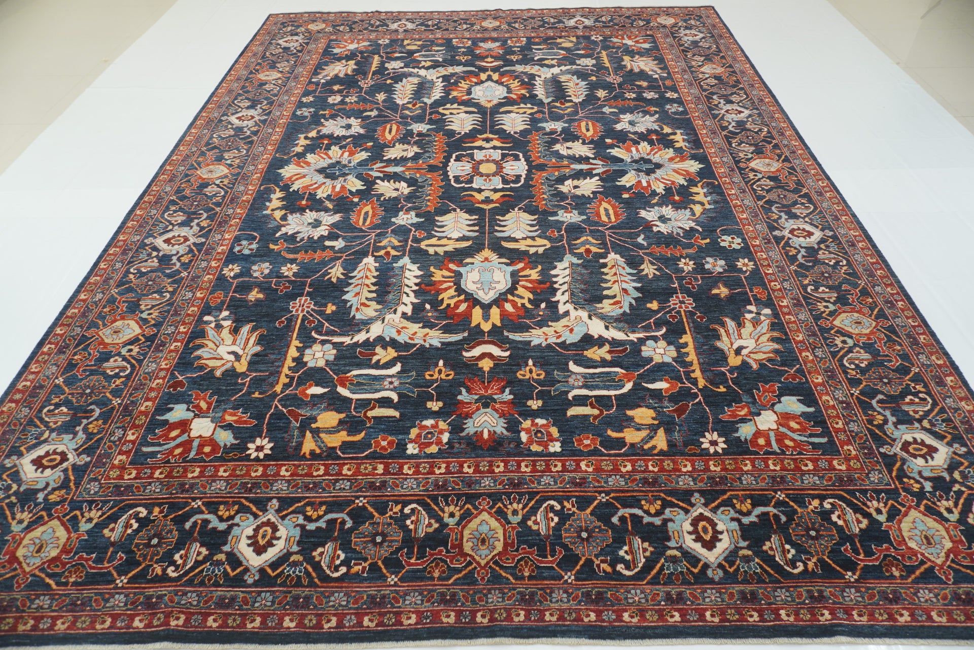 10x14 Navy Blue Heriz Hand-Knotted Afghan Rug