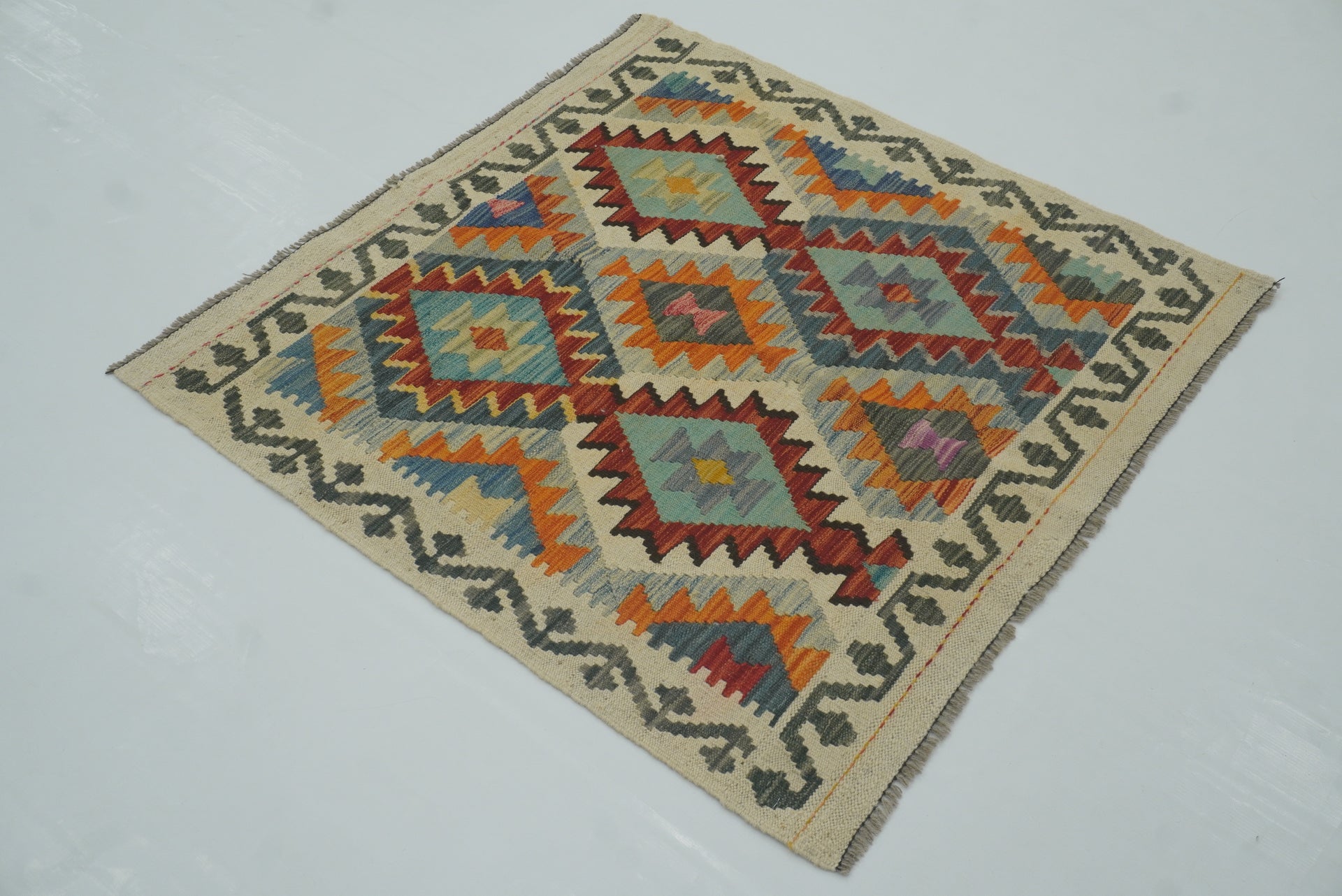 3x3 Beige Afghan Handmade Wool Square Kilim Rug