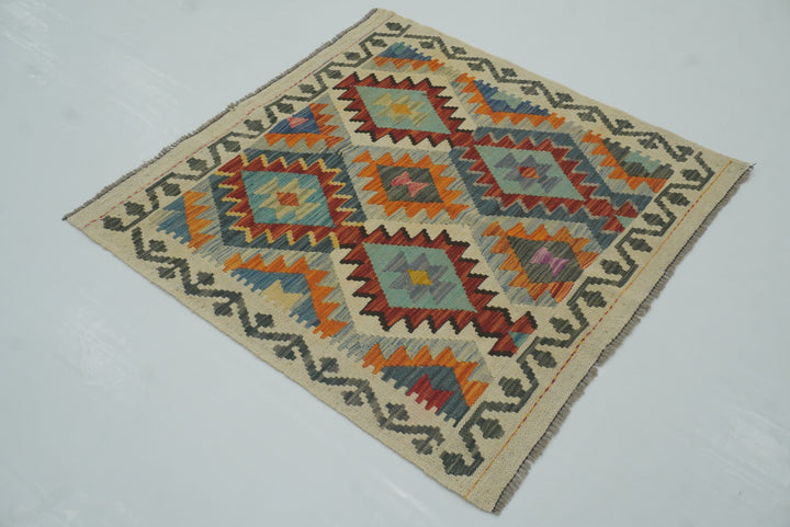 3x3 Beige Afghan Handmade Wool Square Kilim Rug - Yildiz Rugs