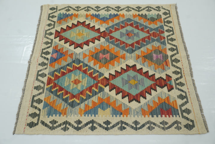 3x3 Beige Afghan Handmade Wool Square Kilim Rug - Yildiz Rugs