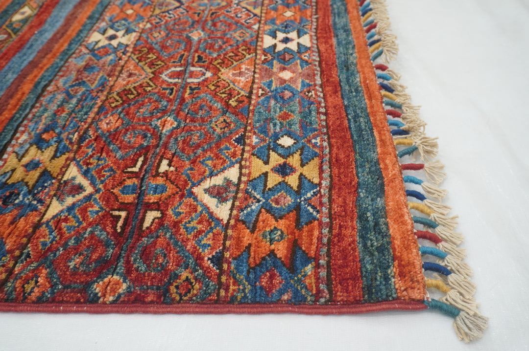 3x5 Red Blue Tribal Stripe Afghan Hand Knotted Rug