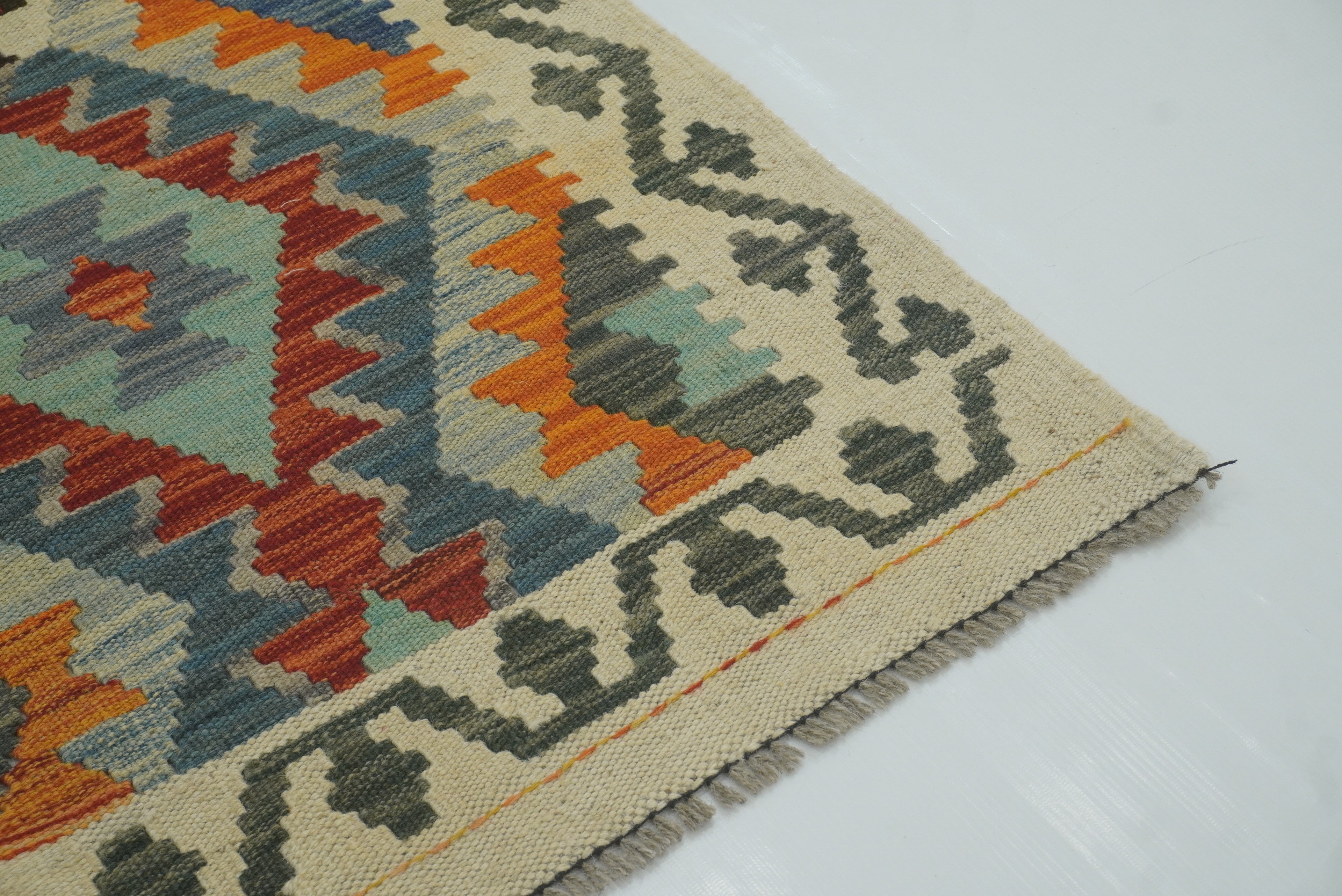 3x3 Beige Afghan Handmade Wool Square Kilim Rug - Yildiz Rugs