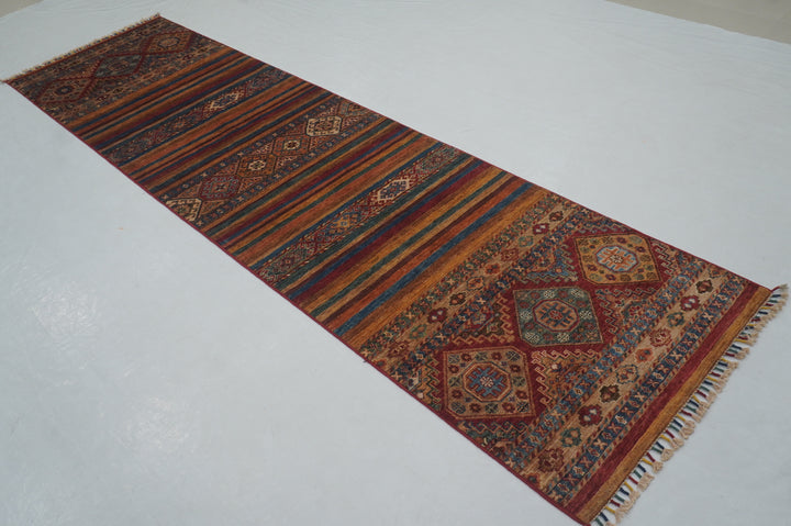 10 Ft Red Tribal Afghan Hand knotted Runner Rug